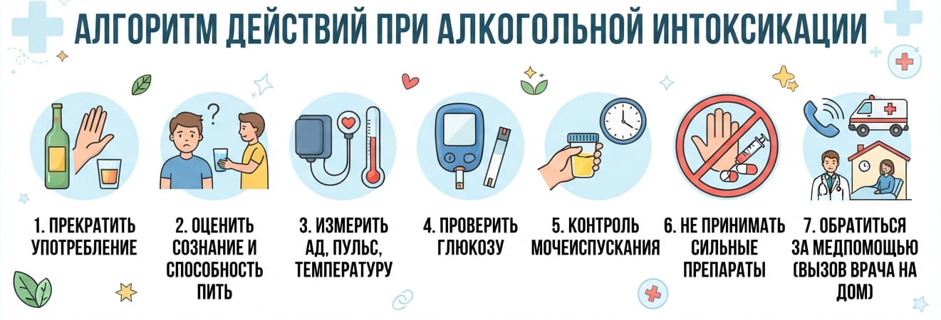 Инфографика: Алгоритм действий при алкогольной интоксикации